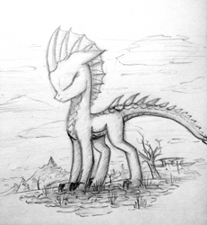 Size: 1000x1081 | Tagged: safe, artist:setharu, oc, oc only, oc:precious, dracony, hybrid, pony, claws, cloudy, dead tree, eyes closed, frills, monochrome, pensive, sketch, solo, spines