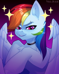 Size: 950x1200 | Tagged: source needed, safe, artist:villjulie, derpibooru import, rainbow dash, pegasus, pony, g4, choker, collar, ear cleavage, eyebrow piercing, female, gradient background, looking at you, mare, piercing, purple eyes, signature, solo, sparkles, stars, wings