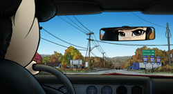 Size: 3960x2160 | Tagged: safe, artist:apocheck13, derpibooru import, oc, oc:elya, anthro, earth pony, car, car interior, driving, earth pony oc, female, highway, mirror, road sign, solo, truck