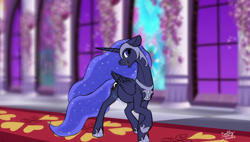 Size: 3662x2080 | Tagged: safe, artist:lightning bolty, derpibooru import, part of a series, part of a set, princess luna, alicorn, pony, series:nightmare night candy binge, blurry background, canterlot castle, canterlot castle interior, carpet, cartoon physics, colored, commission, digestion, digestion without weight gain, ear fluff, ears, ethereal mane, ethereal tail, fangs, female, floppy ears, folded wings, food baby, hallway, hammerspace, hammerspace belly, head turn, helmet, high res, hoof shoes, horn, indoors, long horn, long mane, long tail, looking forward, mare, nightmare luna, nightmare night, onomatopoeia, open mouth, peytral, princess shoes, raised hoof, raised leg, signature, slim, solo, stained glass, starry mane, starry tail, sternocleidomastoid, stomach noise, stuffed, stuffed belly, stuffing, tail, teeth, thin, walking, wall of tags, wings