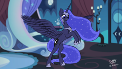 Size: 3662x2080 | Tagged: safe, artist:lightning bolty, derpibooru import, part of a series, part of a set, princess luna, alicorn, pony, series:nightmare night candy binge, bed, bedroom, belly, blurry background, canterlot castle, canterlot castle interior, cartoon physics, colored, commission, concave belly, digestion, digestion without weight gain, ear fluff, ears, ethereal mane, ethereal tail, fangs, female, grin, hammerspace, hammerspace belly, helmet, high res, hoof shoes, horn, indoors, long horn, long mane, long tail, looking at belly, looking at self, looking down, luna's bedroom, mare, nightmare luna, nightmare night, onomatopoeia, open mouth, peytral, princess shoes, raised hooves, rearing, signature, slim, smiling, solo, spread wings, starry mane, starry tail, sternocleidomastoid, stomach noise, stuffing, tail, teeth, thin, wall of tags, wings