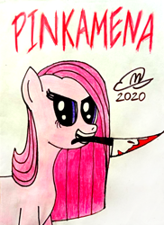 Size: 914x1255 | Tagged: safe, artist:mario dhard, derpibooru import, pinkie pie, blood, knife, pinkamena diane pie