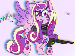 Size: 1605x1198 | Tagged: safe, derpibooru import, princess cadance, ahhh, el cadance, gun, mlp cartel, ponymania, tattoo, weapon