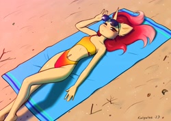 Size: 3508x2480 | Tagged: safe, artist:katputze, derpibooru import, oc, oc only, oc:crimson sunset, anthro, unicorn, beach, beach towel, belly button, belly piercing, bikini, clothes, female, looking at you, lying down, mare, on back, piercing, solo, sunbathing, sunglasses, swimsuit