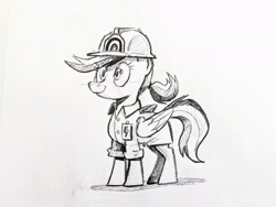 Size: 2048x1536 | Tagged: safe, artist:mellodillo, derpibooru import, rainbow dash, pegasus, pony, alternate hairstyle, clothes, female, grayscale, hard hat, hat, mare, monochrome, ponytail, smiling, solo, traditional art, weather factory uniform