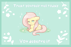 Size: 1800x1200 | Tagged: safe, artist:typhwosion, derpibooru import, fluttershy, pegasus, pony, blushing, ears, english, floppy ears, flower, grass, looking at you, open mouth, positive ponies, sitting, smiling, solo, text