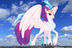 Size: 2048x1365 | Tagged: safe, artist:andoanimalia, derpibooru import, edit, editor:jaredking779, queen novo, classical hippogriff, hippogriff, my little pony: the movie, dallas, female, giant hippogriff, giantess, highrise ponies, irl, macro, mega giant, photo, ponies in real life, show accurate, solo, story included, texas