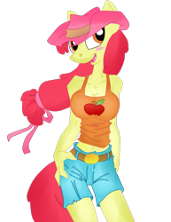 Size: 791x1024 | Tagged: safe, artist:krazykari, artist:trollie trollenberg, color edit, derpibooru import, edit, apple bloom, anthro, earth pony, clothes, colored, denim, denim shorts, older, older apple bloom, shorts, simple background, solo, tanktop, transparent background