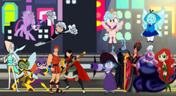 Size: 1214x658 | Tagged: safe, artist:carlosuriel13, derpibooru import, cozy glow, twilight sparkle, twilight sparkle (alicorn), alicorn, aladdin, armor, barbara gordon, batgirl, bumblebee (dc comics), danny phantom, dc comics, dc superhero girls, disney, eclipsa butterfly, feminism, good vs evil, hercules, jafar, karen beecher, kung fu, mulan, pearl (steven universe), poison ivy, staff, star vs the forces of evil, steven universe, the little mermaid, ursula