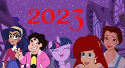 Size: 1328x720 | Tagged: safe, artist:carlosuriel13, derpibooru import, twilight sparkle, g4, adorkable, ariel, beauty and the beast, belle, dc comics, dc superhero girls, diana prince, disney, disney princess, dork, happy new year, holiday, steven universe, the little mermaid, wonder woman