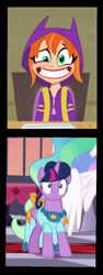 Size: 495x1313 | Tagged: safe, artist:carlosuriel13, derpibooru import, princess celestia, twilight sparkle, twilight sparkle (alicorn), alicorn, human, pony, g4, make new friends but keep discord, adorkable, barbara gordon, clothes, dc comics, dc superhero girls, dork, dress, gala dress, i can't believe it's not hasbro studios, stressed