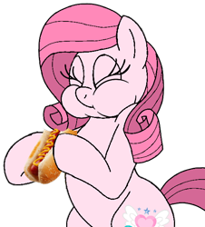 Size: 548x606 | Tagged: safe, artist:noi kincade, derpibooru import, oc, oc only, oc:annisa trihapsari, earth pony, pony, cute, earth pony oc, eyes closed, female, food, hot dog, mare, meat, ocbetes, pink body, pink eyes, pink mane, sausage, simple background, solo, transparent background