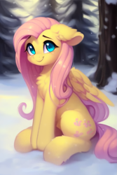 Size: 819x1228 | Tagged: safe, derpibooru import, editor:nightluna, generator:purplesmart.ai, generator:stable diffusion, machine learning assisted, fluttershy, pegasus, pony, big ears, chest fluff, cute, ear fluff, ears, eyebrows, eyelashes, female, forest, leg fluff, looking at you, mare, shyabetes, sitting, smiling, smiling at you, snow, solo, tree, winter