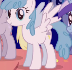 Size: 343x333 | Tagged: safe, derpibooru import, screencap, derpy hooves, lightning bolt, minuette, white lightning, pegasus, pony, unicorn, friendship is magic, background character, background pony, cropped, female, mare, solo focus, spread wings, wings