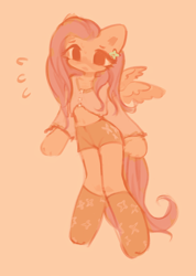 Size: 3664x5142 | Tagged: safe, artist:deadchrltte, derpibooru import, fluttershy, pegasus, semi-anthro, clothes, female, high res, mare, midriff, orange background, shorts, simple background, solo, wings