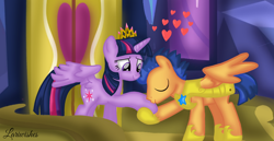 Size: 1980x1020 | Tagged: safe, artist:mlplary6, derpibooru import, flash sentry, twilight sparkle, twilight sparkle (alicorn), alicorn, pegasus, pony, crown, eyes closed, female, flashlight, heart, holding hooves, hoof kissing, jewelry, kissing, male, mare, regalia, romantic, shipping, smiling, stallion, straight, twilight's castle