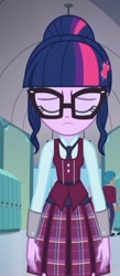 Size: 512x1176 | Tagged: safe, derpibooru import, screencap, sci-twi, twilight sparkle, human, equestria girls, friendship games, clothes, cropped, crystal prep academy, crystal prep academy uniform, eyes closed, female, glasses, hair bun, hallway, lockers, necktie, sad, school, school uniform, schoolgirl, solo, what more is out there