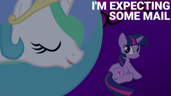 Size: 1920x1080 | Tagged: safe, derpibooru import, edit, edited screencap, editor:quoterific, screencap, princess celestia, twilight sparkle, unicorn twilight, alicorn, pony, unicorn, lesson zero, balcony, crown, cute, duo, duo female, ethereal mane, eyes closed, female, golden oaks library, jewelry, looking at someone, looking back, mare, open mouth, open smile, regalia, smiling, twiabetes