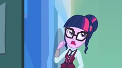 Size: 2134x1203 | Tagged: safe, derpibooru import, screencap, sci-twi, twilight sparkle, human, equestria girls, friendship games, clothes, crystal prep academy, crystal prep academy uniform, glasses, hair bun, hallway, necktie, school, school uniform, schoolgirl, singing, solo, what more is out there