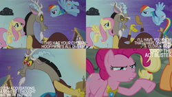 Size: 2000x1125 | Tagged: safe, derpibooru import, edit, edited screencap, editor:quoterific, screencap, applejack, discord, fluttershy, pinkie pie, rainbow dash, draconequus, earth pony, pegasus, pony, princess twilight sparkle (episode), accusation, cloven hooves, element of laughter, element of loyalty, facial hair, female, frown, goatee, gritted teeth, male, mare, pinkie pie is not amused, ponyville, puppy dog eyes, raised hoof, raised leg, smiling, smug smile, snaggletooth, stormcloud, suspicious, teeth, unamused, when she doesn't smile