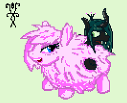 Size: 795x642 | Tagged: safe, artist:damset, derpibooru import, queen chrysalis, oc, oc:fluffle puff, changeling, changeling queen, earth pony, pony, chest fluff, duo, pixel art