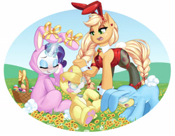 Size: 2560x1987 | Tagged: safe, artist:dstears, derpibooru import, apple bloom, applejack, rarity, sweetie belle, earth pony, pony, unicorn, animal costume, basket, blushing, bunny costume, bunny suit, clothes, costume, covering eyes, cuffs, cuffs (clothes), cute, easter, easter basket, easter egg, egg, eyes closed, flower, freckles, glowing, glowing horn, holiday, horn, role reversal