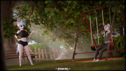 Size: 3840x2160 | Tagged: safe, artist:steamyart, derpibooru import, oc, oc:raspberry glaze, oc:steamy, anthro, earth pony, unicorn, barefoot, bench, blind, feet, park, park bench, smoking, swing