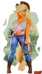 Size: 2160x3840 | Tagged: safe, artist:dandy, artist:trailssfm, derpibooru import, applejack, anthro, 3d, applerack, arm behind head, belt, belt buckle, big breasts, boots, breasts, cleavage, clothes, cowboy boots, cowboy hat, denim, female, freckles, grin, hair tie, hat, jeans, looking at you, one eye closed, pants, rope, shoes, simple background, smiling, smirk, solo, solo female, spread legs, spreading, stetson, stupid sexy applejack, tanktop, white background, wink