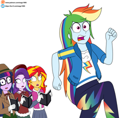 Size: 4717x4445 | Tagged: safe, artist:eagc7, derpibooru import, rainbow dash, sci-twi, starlight glimmer, sunset shimmer, twilight sparkle, human, equestria girls, caroling, clothes, commission, derp, family guy, female, glasses, open mouth, parody, patreon, patreon reward, running away, scared, simple background, white background