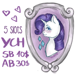 Size: 3027x2959 | Tagged: safe, artist:kirari_chan, derpibooru import, rarity, pony, unicorn, advertisement, bust, commission, commission info, female, frame, framed picture, heart, horn, portrait, simple background, sketch, solo, white background, ych example, ych sketch, your character here