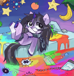 Size: 1962x2000 | Tagged: safe, artist:rivibaes, derpibooru import, oc, oc:rivibaes, unicorn, banana, bottle, female, filly, foal, food, horn, needle, orange, sink, stars, stitches