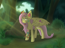 Size: 2475x1800 | Tagged: safe, artist:ashel_aras, derpibooru import, fluttershy, pegasus, pony, background, crepuscular rays, flower, forest, forest background, hanahaki disease, solo, substrate body