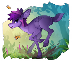 Size: 2400x2042 | Tagged: safe, artist:yakovlev-vad, derpibooru import, oc, oc only, butterfly, deer, cloven hooves, deer oc, flower, looking at you, mud, non-pony oc, open mouth, pale belly, running, solo, splash