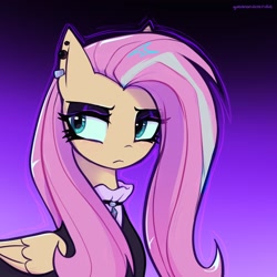 Size: 2048x2048 | Tagged: safe, artist:qwennondeathdie, derpibooru import, fluttershy, pegasus, pony, bust, ear piercing, earring, eyeshadow, female, fluttergoth, goth, jewelry, makeup, piercing, solo, unamused