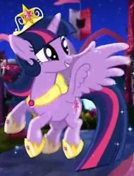 Size: 614x807 | Tagged: safe, derpibooru import, twilight sparkle, twilight sparkle (alicorn), alicorn, magical mystery cure, 2013, anniversary, beautiful, big crown thingy, commercial, coronation, cropped, crown, crystal princess celebration, cute, element of magic, flying, happy, hoof shoes, jewelry, let's fly to the castle, magical mystery cure 10th anniversary, necklace, pretty, princess shoes, real life background, regalia, sparkles, sparkling, twiabetes