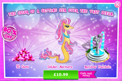 Size: 1964x1304 | Tagged: safe, derpibooru import, merpony, advertisement, bush, costs real money, english, female, fountain, gameloft, gem, jewelry, mare, mobile game, my little pony: magic princess, necklace, numbers, official, sale, solo, solo focus, statue, text, unnamed character, unnamed merpony