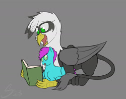 Size: 1628x1276 | Tagged: safe, artist:somber, derpibooru import, oc, oc:stern, griffon, book, female, foal