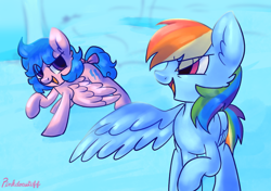 Size: 4013x2823 | Tagged: safe, artist:pinkdoesstuff, derpibooru import, firefly, rainbow dash, g1, cloudsdale, complex background, crossover, duo, photo, smiling