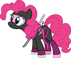 Size: 4000x3277 | Tagged: safe, artist:icicle-wicicle-1517, artist:n0kkun, color edit, derpibooru import, edit, pinkie pie, earth pony, pony, collaboration, belt, colored, female, katana, kunai, mare, mask, ninja, simple background, solo, sword, transparent background, weapon