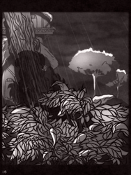 Size: 1050x1400 | Tagged: safe, artist:provolonepone, derpibooru import, comic:sapphic story, comic, monochrome, rain, shadow, tree