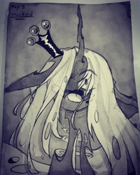 Size: 3456x4320 | Tagged: safe, artist:prettyshinegp, derpibooru import, queen chrysalis, changeling, changeling queen, d:, inktober, inktober 2017, open mouth, signature, solo, traditional art