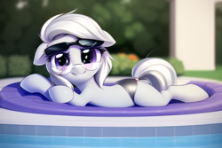 Size: 768x512 | Tagged: safe, derpibooru import, generator:novelai, generator:stable diffusion, machine learning generated, silver spoon, earth pony, pony, alternate hairstyle, beach chair, chair, clothes, glasses, looking at you, lying down, poolside, prone, smiling, solo, sunglasses, swimming pool, swimsuit, tail, tail wrap
