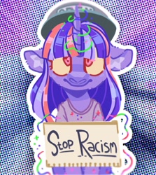 Size: 1579x1774 | Tagged: safe, artist:pastacrylic, derpibooru import, twilight sparkle, pony, anti-racism, mouthpiece, solo