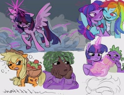 Size: 3000x2300 | Tagged: safe, artist:dulcesilly, derpibooru import, rainbow dash, spike, twilight sparkle, twilight sparkle (alicorn), alicorn, dragon, earth pony, human, pegasus, pony, equestria girls, apple, apple basket, arm around neck, art dump, cheek squish, dark skin, fangs, female, food, glowing, glowing horn, horn, humanized, magic, male, mare, one eye closed, scroll, simple background, spread wings, squishy cheeks, white background, wings