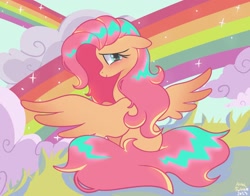 Size: 1368x1074 | Tagged: safe, artist:petaltwinkle, derpibooru import, fluttershy, pegasus, pony, blushing, cute, female, looking at you, looking back, looking back at you, mare, rainbow, shyabetes, sitting, smiling, smiling at you, solo, spread wings, wings