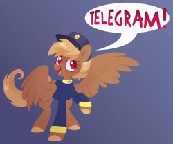 Size: 2048x1702 | Tagged: safe, artist:glowfangs, derpibooru import, oc, oc:shitfuck, pegasus, pony, blonde, blue background, clothes, female, forced meme, hat, mare, meme, raised hoof, raised leg, red eyes, simple background, speech bubble, spread wings, telegram pony, text, uniform, wings