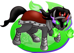 Size: 1508x1090 | Tagged: safe, artist:scorpiogustavo, derpibooru import, king sombra, pony, unicorn, commission, commissioner:reversalmushroom, frown, glowing, glowing eyes, male, signature, simple background, solo, sombra eyes, stallion, teeth, transparent background