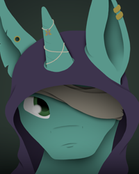 Size: 1080x1350 | Tagged: safe, artist:tiviyl, derpibooru import, oc, unicorn, bandage, ear piercing, hood, horn, horn jewelry, jewelry, male, piercing, simple background, solo, stallion