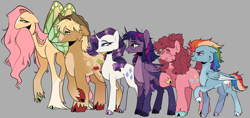 Size: 2906x1375 | Tagged: safe, artist:zowwyroo, derpibooru import, applejack, fluttershy, pinkie pie, rainbow dash, rarity, twilight sparkle, twilight sparkle (alicorn), alicorn, earth pony, pegasus, pony, unicorn, applejack's hat, butterfly wings, cheek fluff, clothes, cloven hooves, cowboy hat, diverse body types, glasses, hat, height difference, mane six, redesign, short tail, tail, tallershy, unshorn fetlocks, wings