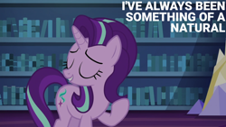 Size: 1920x1080 | Tagged: safe, derpibooru import, edit, edited screencap, editor:quoterific, screencap, starlight glimmer, pony, unicorn, every little thing she does, confident, eyes closed, female, grin, library, mare, raised hoof, raised leg, smiling, solo, twilight's castle, twilight's castle library